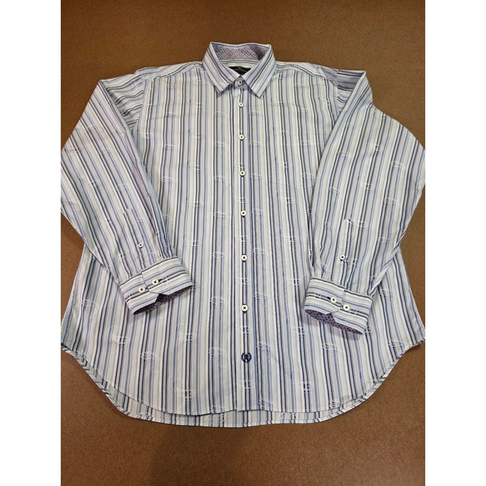 Bugatchi Uomo Mens XL Blue White Striped Paisley Embroidered Button Down Shirt